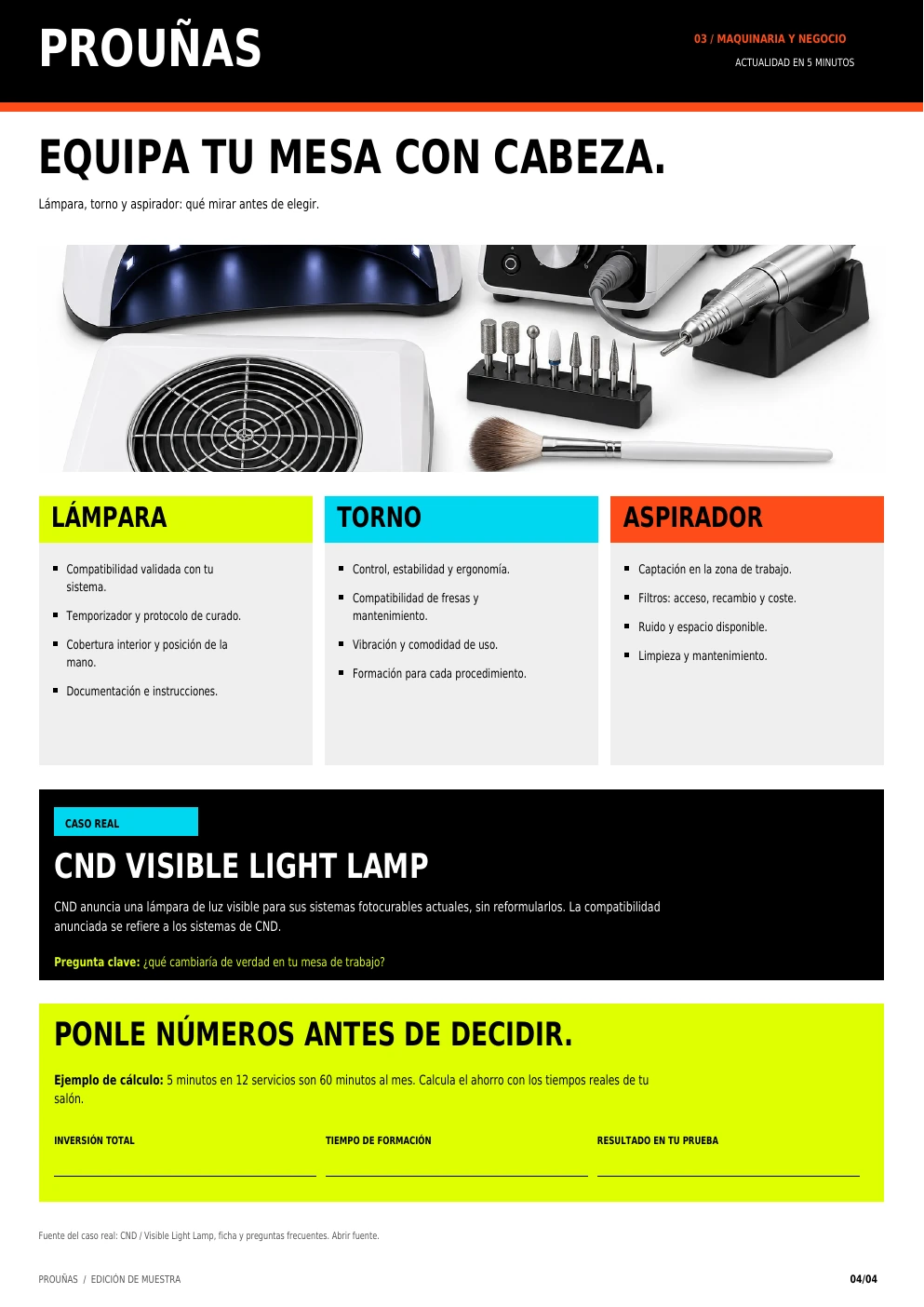 Página de herramientas, maquinaria y decisiones para el salón